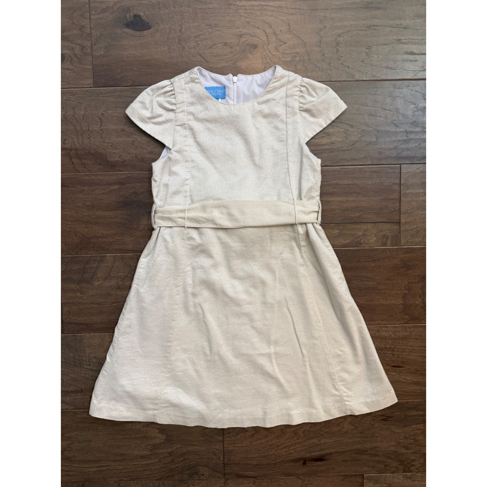 Anavini Girls Gold Metallic Shimmer A-Line Party Dress Size 7 Short Sleeve Sash